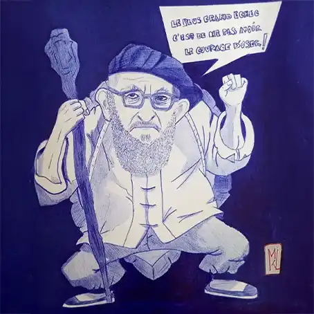 Mash-up entre l'Abbé Pierre et Tortue géniale, le personnage de la série Dragon Ball. Dessin au stylo Bic