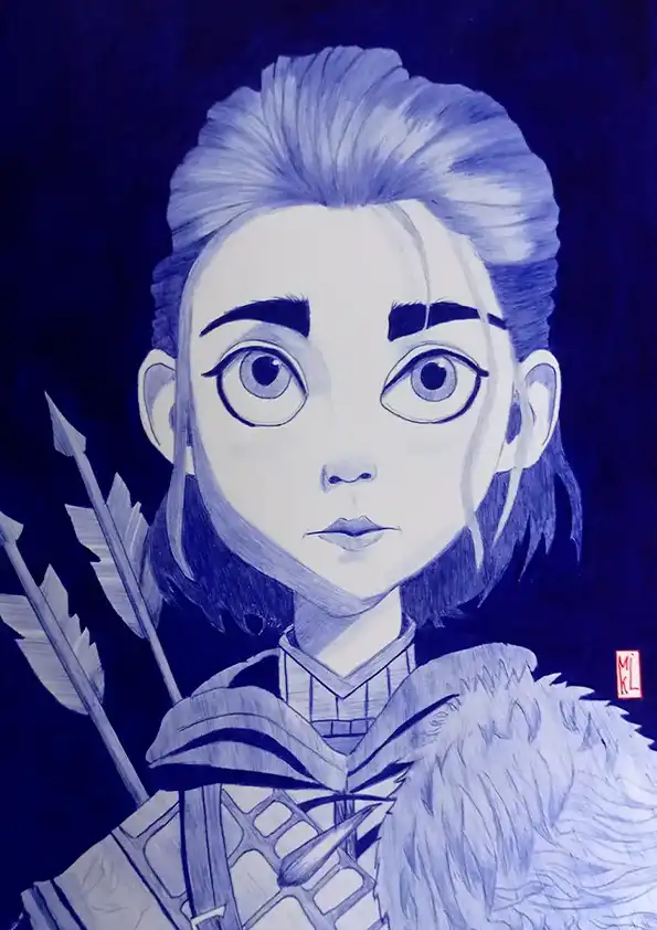 Portrait de Aria Stark, personnage de la série Game of Throne. Dessin au stylo Bic