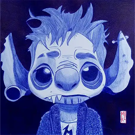 Portrait de Stitch, le héros de Disney, version désabusé. Dessin au stylo Bic