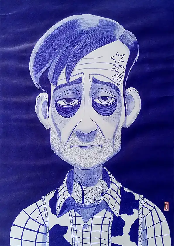 Portrait de Woody, le héros de Toy story, version désabusé. Dessin au stylo Bic